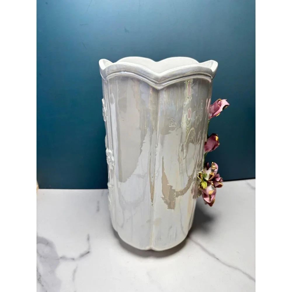 Vintage Capodimonte Italy Iridescent Pearl Vase Pink 3D Roses Gold Trim 10 inch